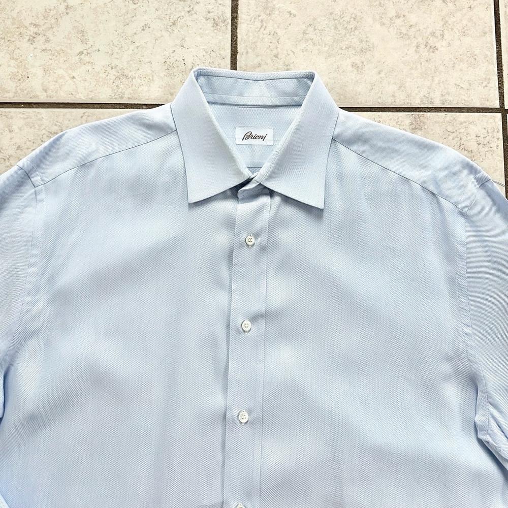 Brioni Blue Button Up Long Sleeve Shirt Large 17.5 Microgrid Italy Designer